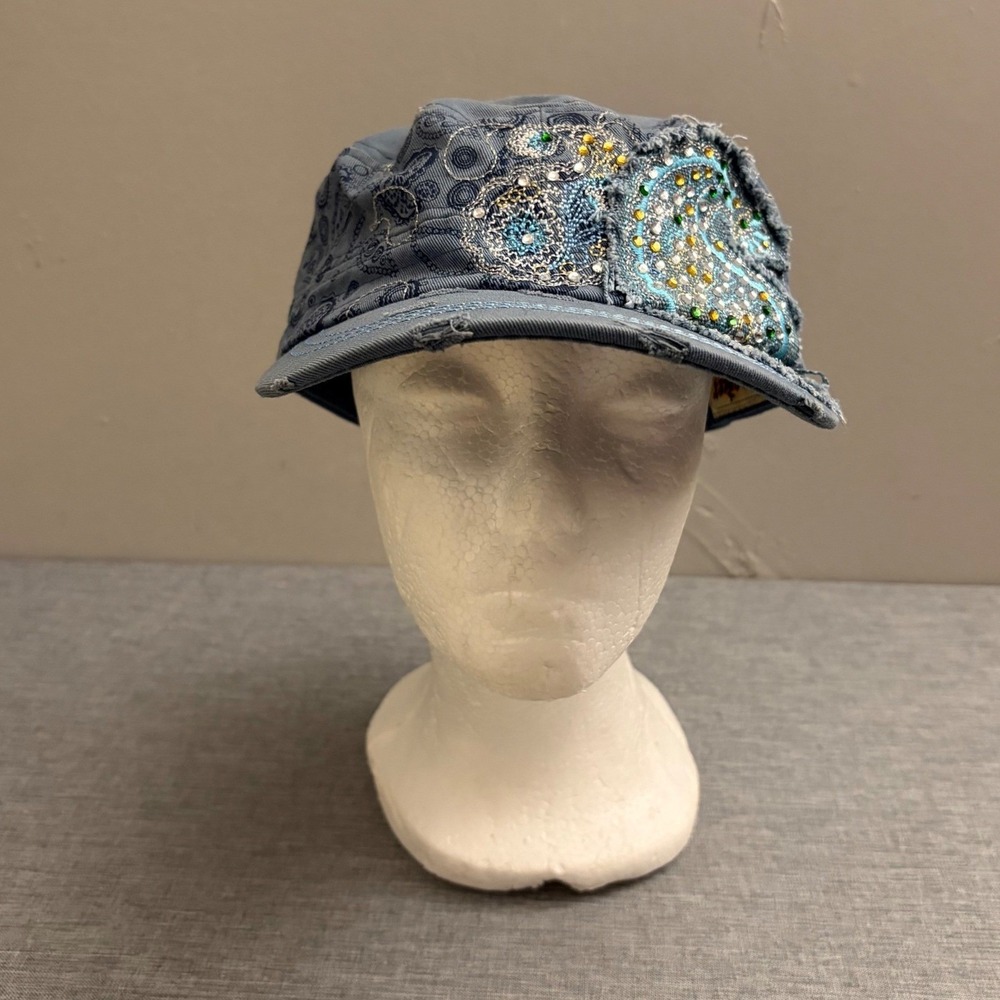 Leader LOGA Cadet Hat Womens OS Blue Vintage Y2K Beaded Paisley Distressed‎ Cap